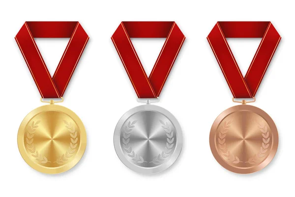 Medalla Deportiva Plata Dorada Bronce Con Cintas Rojas — Vector de stock