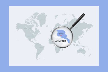Map of Armenia on political world map with magnifying glass