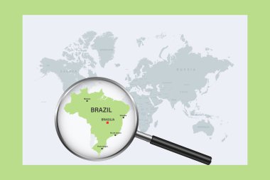 Map of Brazil on political world map with magnifying glass