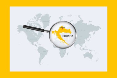 Map of Croatia on political world map with magnifying glass