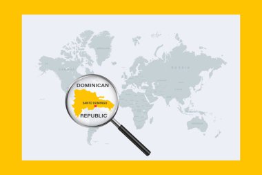 Map of Dominican Republic on political world map with magnifying glass