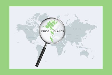 Map of Faroe Islands on political world map with magnifying glass