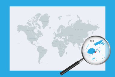 Map of Fiji on political world map with magnifying glass