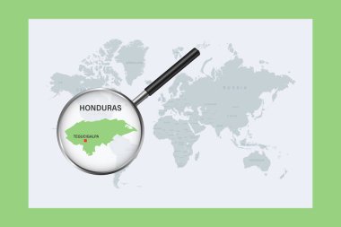 Map of Honduras on political world map with magnifying glass