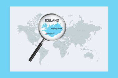Map of Iceland on political world map with magnifying glass