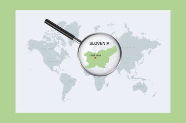 Map of Slovenia on political world map with magnifying glass