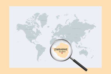 Map of Zimbabwe on political world map with magnifying glass