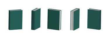Set of closed dark green books in different positions for bookstore