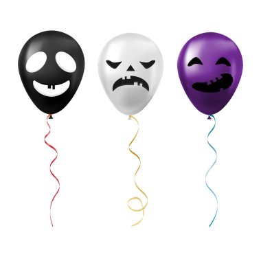 Korkunç ve komik yüzleri olan siyah, beyaz ve mor balonlar.