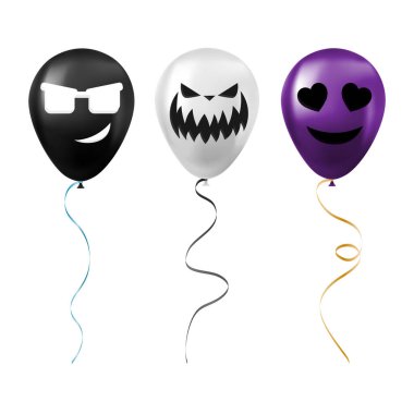Korkunç ve komik yüzleri olan siyah, beyaz ve mor balonlar.
