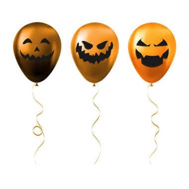 Korkunç ve komik yüzlü Cadılar Bayramı turuncu balonları.