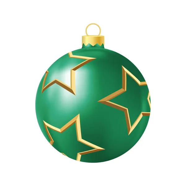 Groene Kerstboom Speelgoed Met Gouden Sterren Realistische Kleur Illustratie — Stockvector
