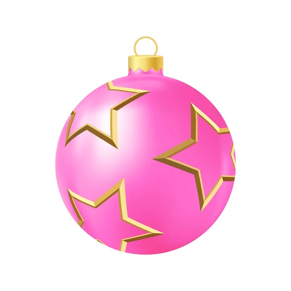 Pink Christmas Tree Toy Golden Stars Realistic Color Illustration — Stock Vector