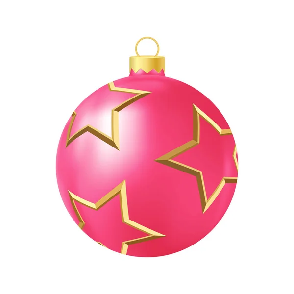 Pink Christmas Tree Toy Golden Stars Realistic Color Illustration — Stock Vector