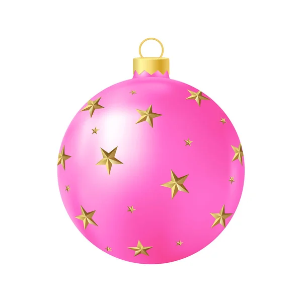 黄金の星とピンクのクリスマスツリーのおもちゃ現実的な色のイラスト — ストックベクタ