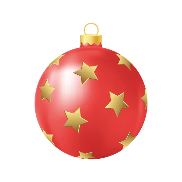 Κόκκινο Χριστουγεννιάτικο Παιχνίδι Δέντρο Χρυσά Αστέρια Ρεαλιστική Απεικόνιση Χρώμα — Διανυσματικό Αρχείο