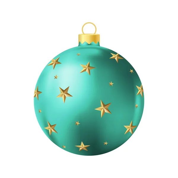 Turquoise Christmas Tree Toy Golden Stars Realistic Color Illustration — Stock Vector