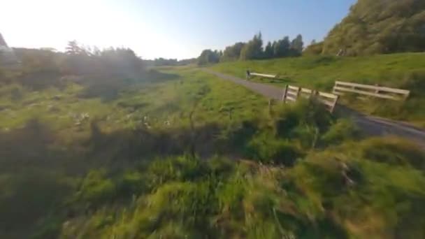 Flying over a pedestrain and cycle path through a nature grassland. Infrastructure around Amsterdam, The Netherlands.Cyclist sport leisure. — Stock Video