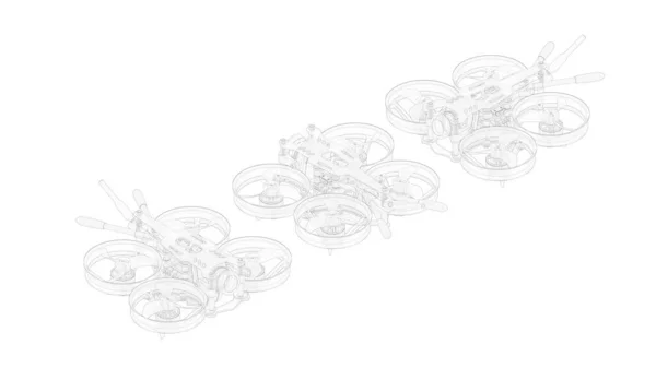 3D рендеринг беспилотного летающего объекта дрона-квадрокоптера беспилотника на белом фоне студии — стоковое фото