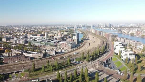 Amsterdam, 24th of October 2021, The Netherlands. Piet Heinkade,Ij Tunnel main road along the Ij, leading towards central station. Aerial drone view — Stock Video