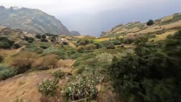 FPV balap dengung Gunung berselancar, dan tebing menyelam di sepanjang batu. Gunung Epic lanskap dan laut di pulau Madeira di Portugal. Sifat cantik.. — Stok Video