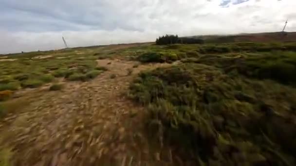 マデイラ・ポルトガルのオープンフィールドを飛行するFPVレースドローン。低い飛行場上空. — ストック動画