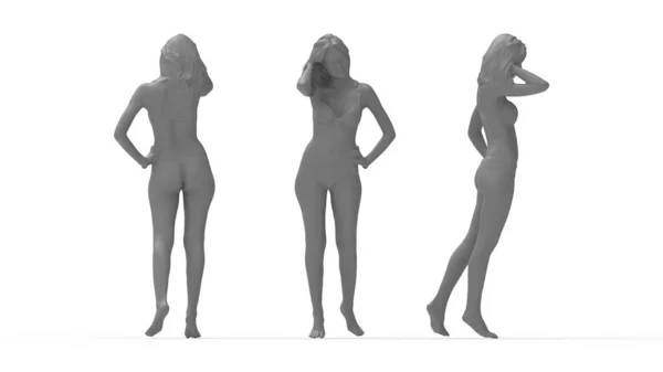 3D-Rendering einer jungen schlanken sexy Frau, die in einem Bikini isoliert auf einem leeren Raumhintergrund posiert. Mehrere Ansichten, Vorderseite, Rückseite. — Stockfoto