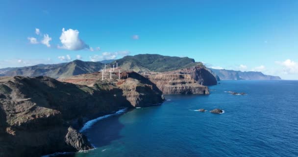 Aerial view of onta do Rosto wind mills and rock formation on Madeira island. Atlantic ocean and beautifull mountain and cliff landscape. — Stock Video