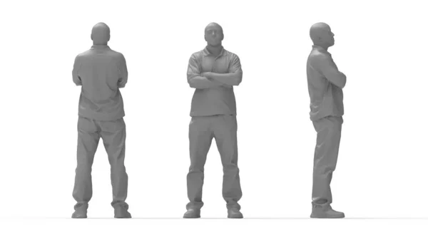 3D rendering of a casual man front side and back view. Arms crossed Computer render model isolated silhouette. — Stockfoto