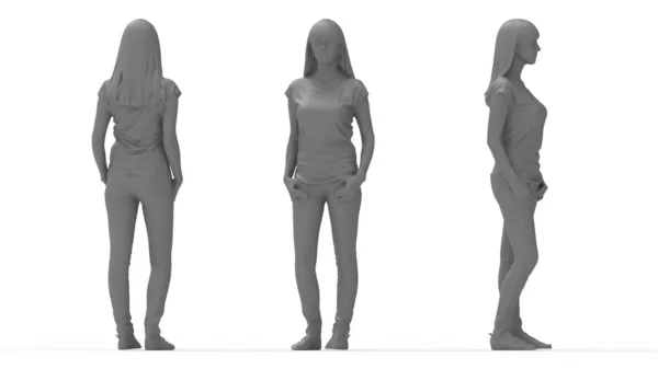 Rendering 3D di una giovane femmina casuale che posa isolata su uno sfondo vuoto dello studio. SIlhouette e visualizzazioni multiple. — Foto Stock
