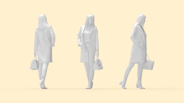 3D rendering of fashionable woman with a purse posing. Multiple views silhouette, side front and back. — стоковое фото