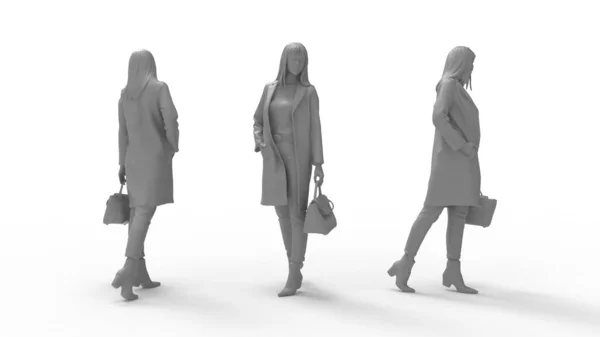 3D rendering of fashionable woman with a purse posing. Multiple views silhouette, side front and back. — Zdjęcie stockowe