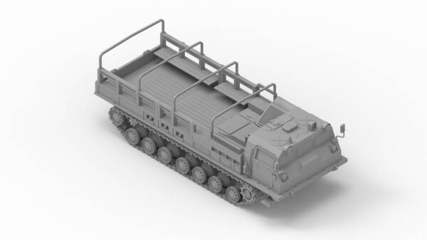 3D rendering of a people carrier army truck on caterpillar tracks in isolated empty studio background.
