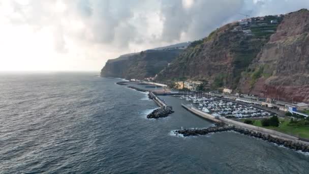 Coastline of Madeira Portugal beautifull sunny island the atlantic ocean aerial drone view. Aerial drone view. — Stock Video