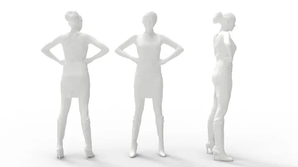 Representación 3D de un modelo de computadora de la mujer mandona, frontal y posterior aislado en un fondo de espacio vacío. —  Fotos de Stock