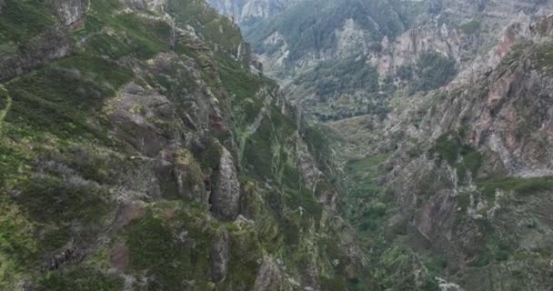 Madeira 'daki dağ antenleri ve uçurumlar bulutlardaki epik yüksek uçurumlar bu güzel doğa manzarasının helikopter görüntüsüyle.. — Stok video