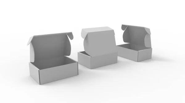 Renderização 3D de um modelo de maquete de design de uma caixa de embalagem de produto de papelão. Caixa vazia isolada — Fotografia de Stock