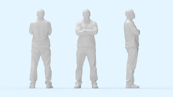 カジュアルな男のフロントとバックビューの3Dレンダリング。アームズクロスコンピュータレンダリングモデル絶縁シルエット. — ストック写真