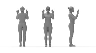 Eldivenli ve maske takmış bir kadın doktorun üç boyutlu görüntüsü boş bir arkaplanda izole edilmiş. Siluet modeli.