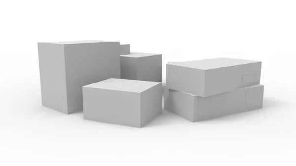 Representación en 3D de una plantilla de maqueta de diseño de cajas de embalaje de productos de cartón multicapa aisladas en el fondo del estudio. — Foto de Stock