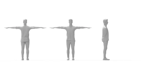 Rendu 3D d'un homme décontracté face avant et vue arrière. Armes propagation ordinateur rendre modèle silhouette isolée. — Photo