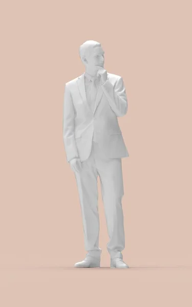 3D візуалізація випадкового ділового чоловіка вид спереду. Думаючи розглянути сумнівну поставу. Комп'ютерна модель рендеринга ізольований силует . — стокове фото