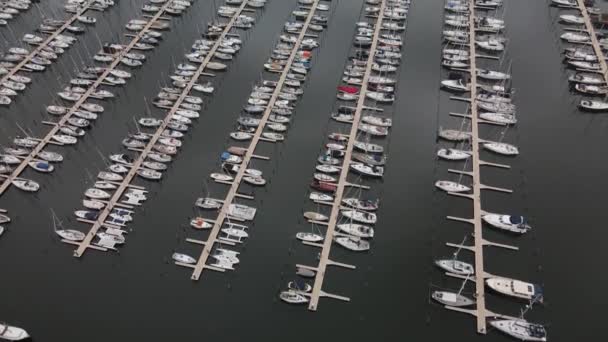 Luchtfoto Almeerderstrand en jachthaven Muiderzand, residentiële appartementen, moderne bouwplaats. Nederland. — Stockvideo