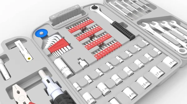 3D rendering of a multi purpose toolbox tools displayed open in empty space studio background. — Stock Photo, Image