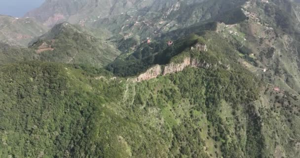 テネリフェ島の山の谷の森の風景、霧の山、崖や岩の壮大な風景の空中ビュースペイン. — ストック動画