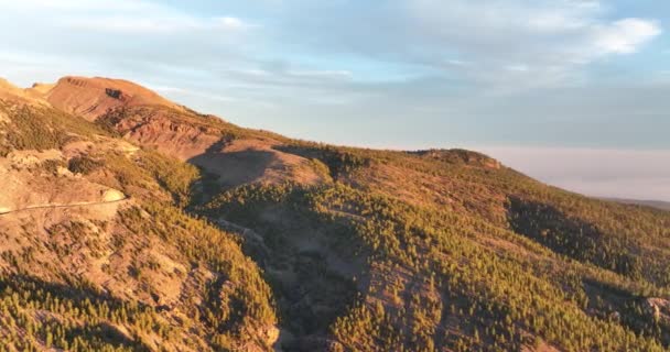 Aereo di una catena montuosa al tramonto a Tenerife Spagna, isola naturale, alberi colline rocce, scogliere e montagne all'ora d'oro. L'Europa — Video Stock