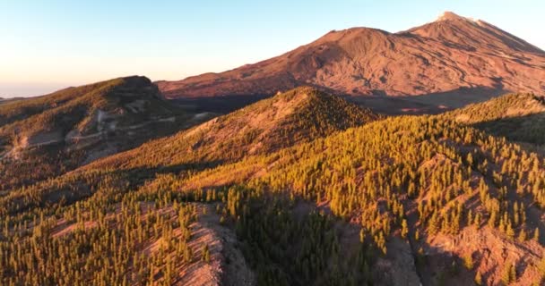 Veduta panoramica aerea drammatica di un paesaggio roccioso di montagna e colline foresta tra le nuvole al tramonto ora d'oro a Tenerife, Spagna, Europa. — Video Stock