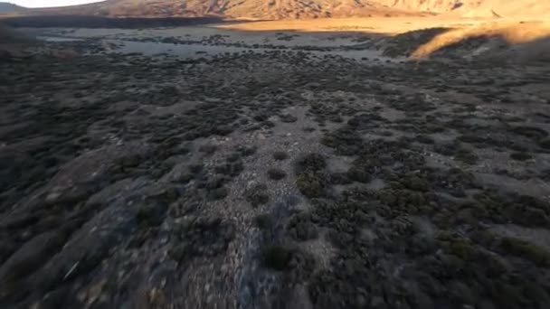 Dron FPV lecący blisko pustyni jak krajobraz z wulkanem w tle. Blisko latające nad klifami wzgórza i skały i rośliny natura. — Wideo stockowe