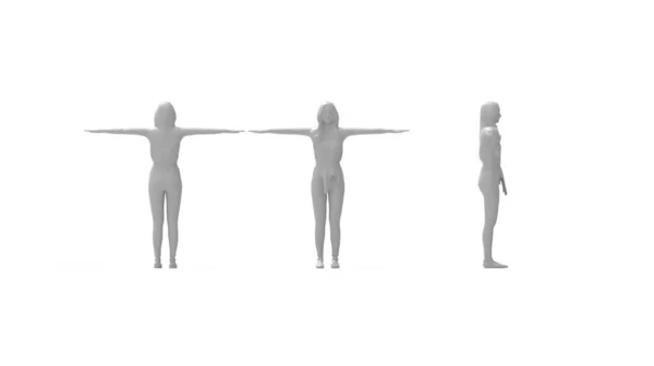 Rendering 3D di una donna con braccia divaricate Molteplici visualizzazioni silhouette, laterale anteriore e posteriore. — Foto Stock