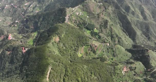 テネリフェ山の空中。劇的な崖岩と緑の森の山の風景。パノラマドローンビュー。スペインでの観光名所の休暇先. — ストック動画